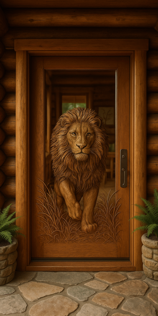 Lion Door For A Small Log Cabin