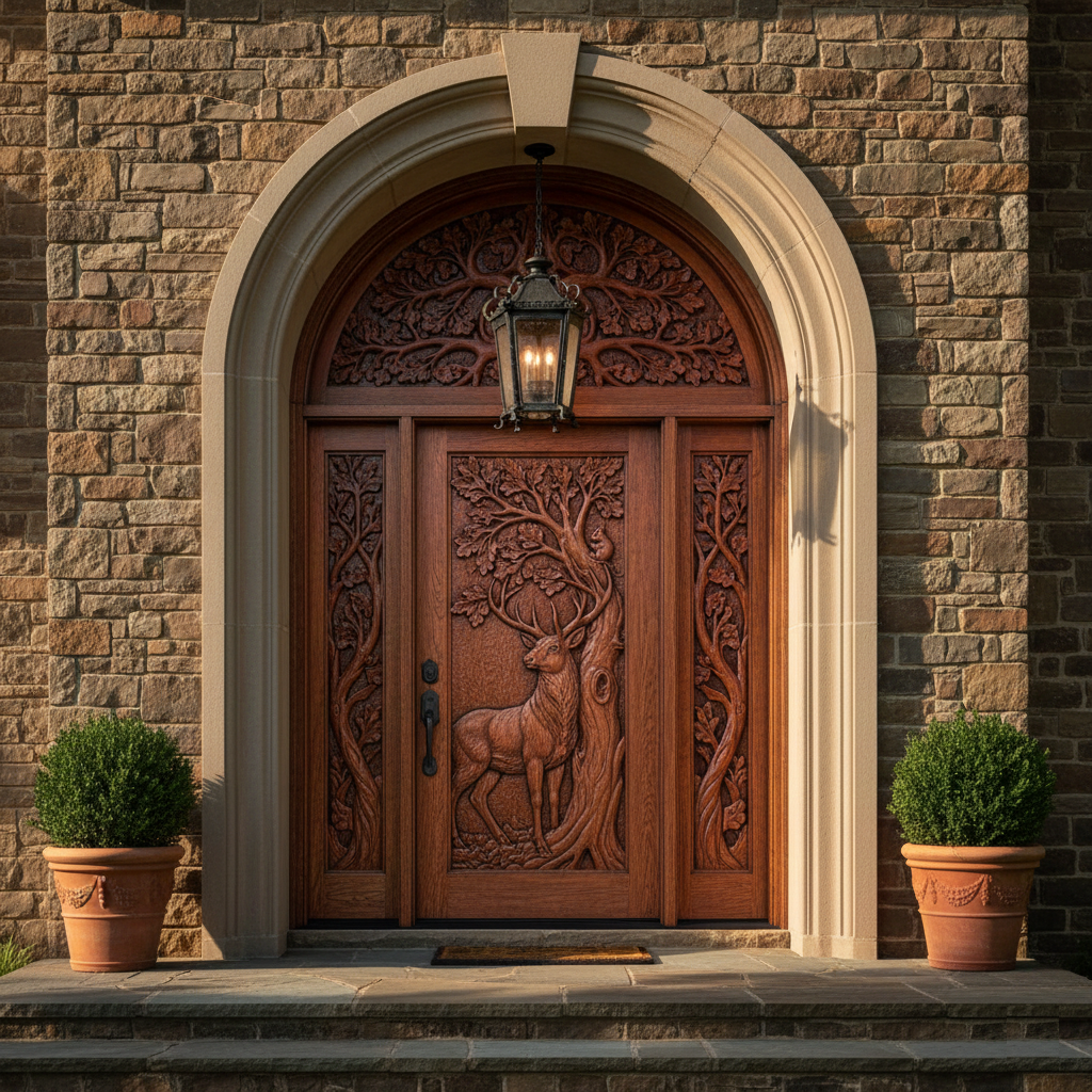 Elk Carved Doors with Full Round Transom and Two Sidelights