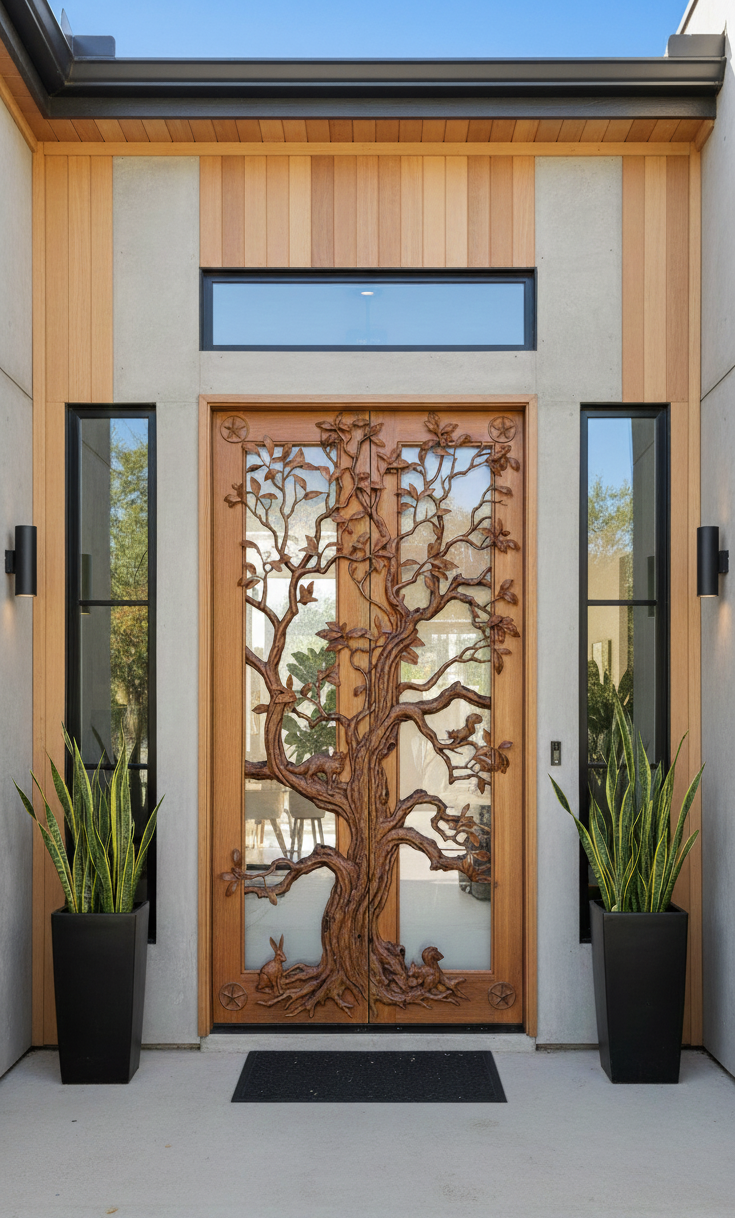 Texas Oak Tree Door As An Entry of Modern Home