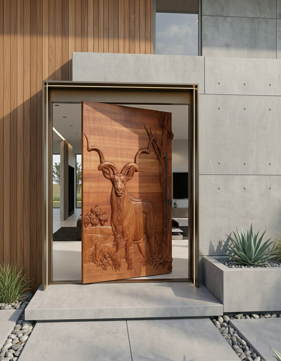 Kudu Carved Pivot Door For A Modern House