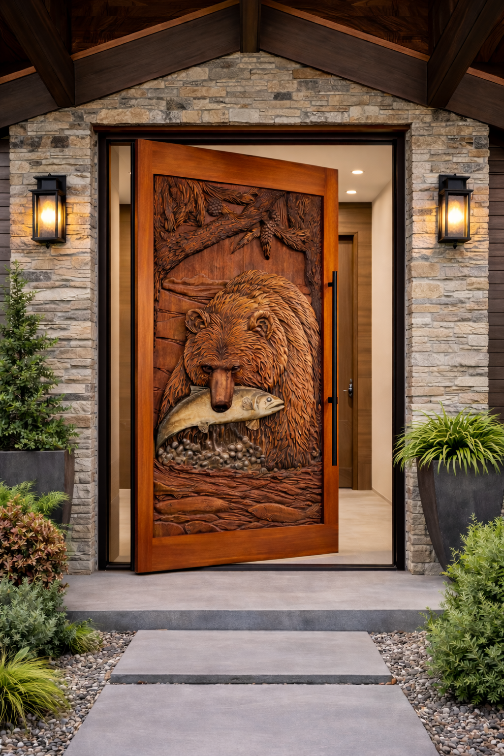 Bear Fishing Pivot Door For A Home