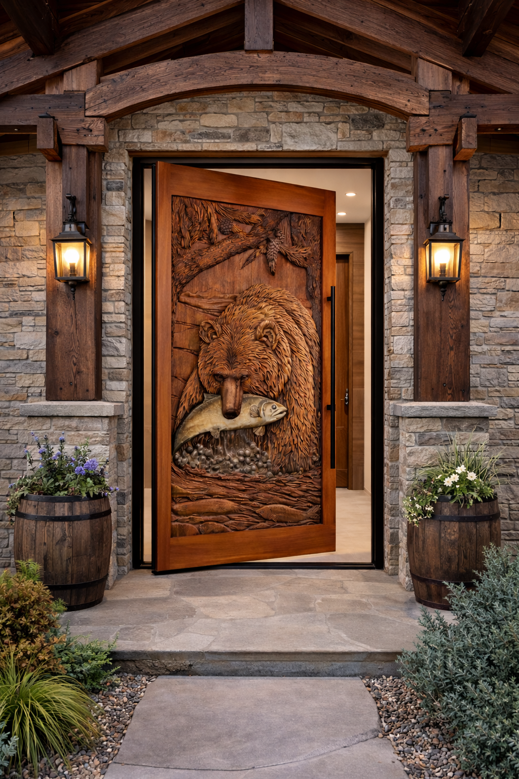 Bear Fishing Pivot Door For A Rustic Home