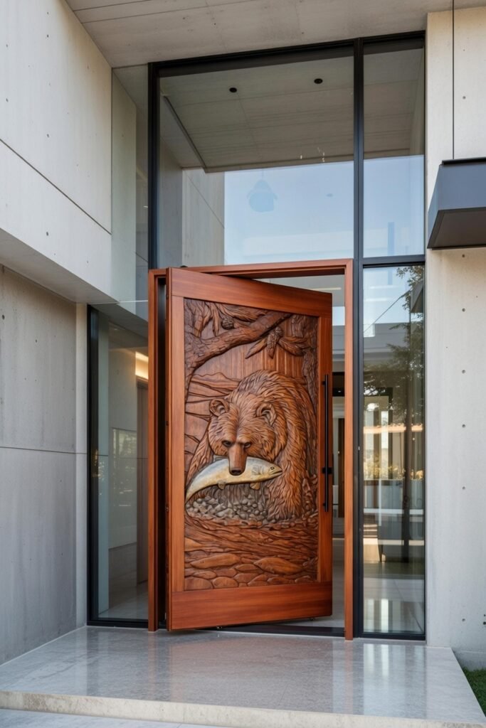 Grizzly Bear Fishing Pivot Door For A Modern Building