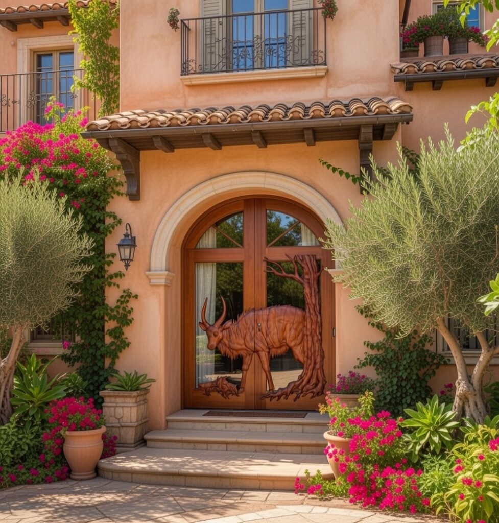 Hand-Carved Nyala Bull Solid Wood Double Door