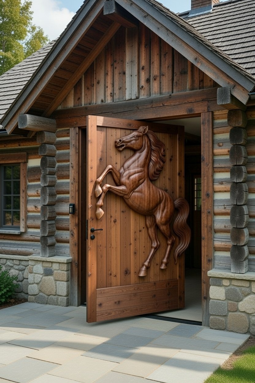 Horse Pivot Door For A Rustic Home-White Oak