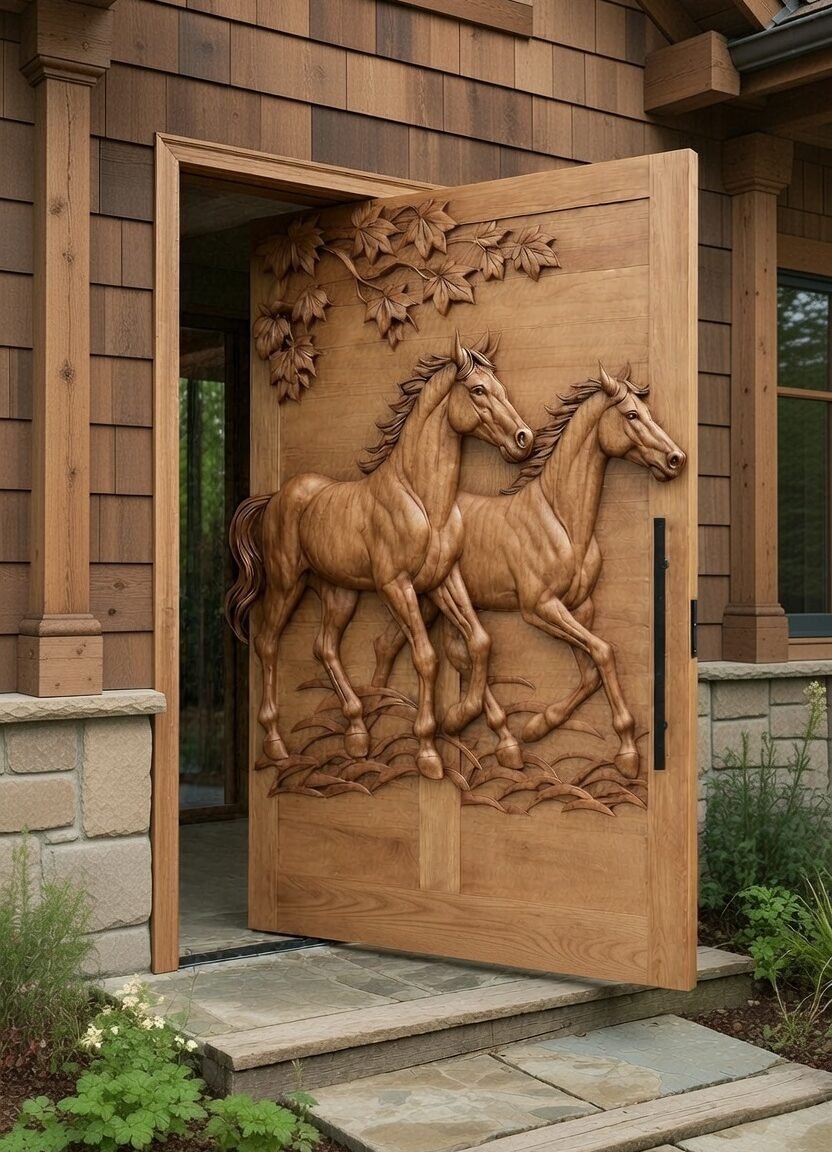 Horses Racing Pivot Door as Entrance of A Craftsman Home Red Oak