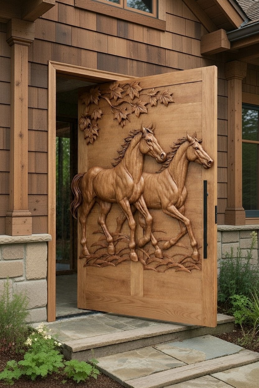 Horses Racing Pivot Door as Entrance of A Craftsman Home Red Oak