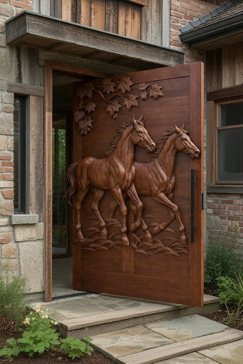 Horses Racing Pivot Door as Entrance of A Rustic Home Cherry