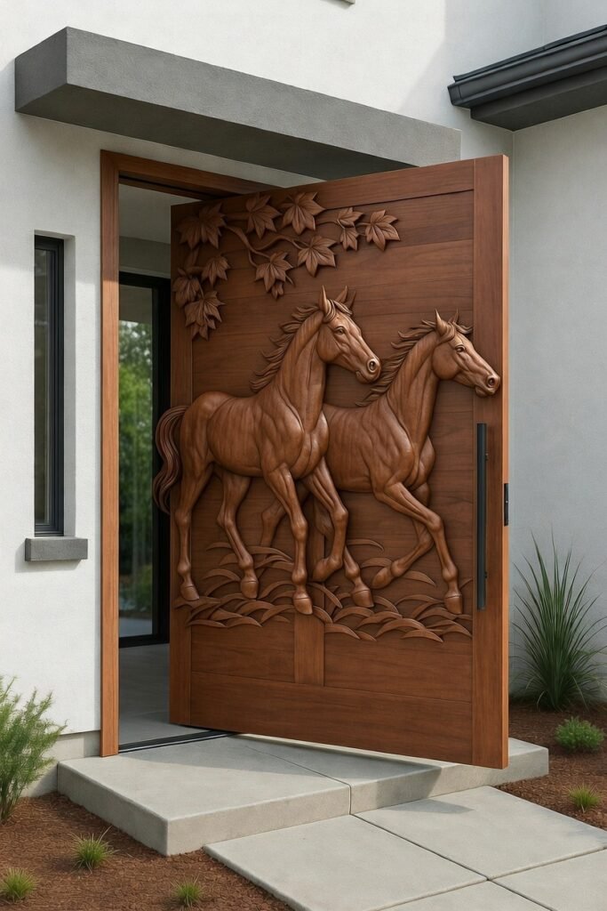 Horses Racing Pivot Door as Entrance of Modern Home Cherryt