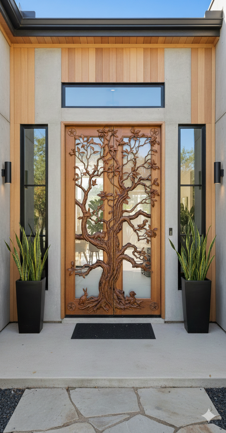 Texas Oak Tree Door As An Entry of Modern Home