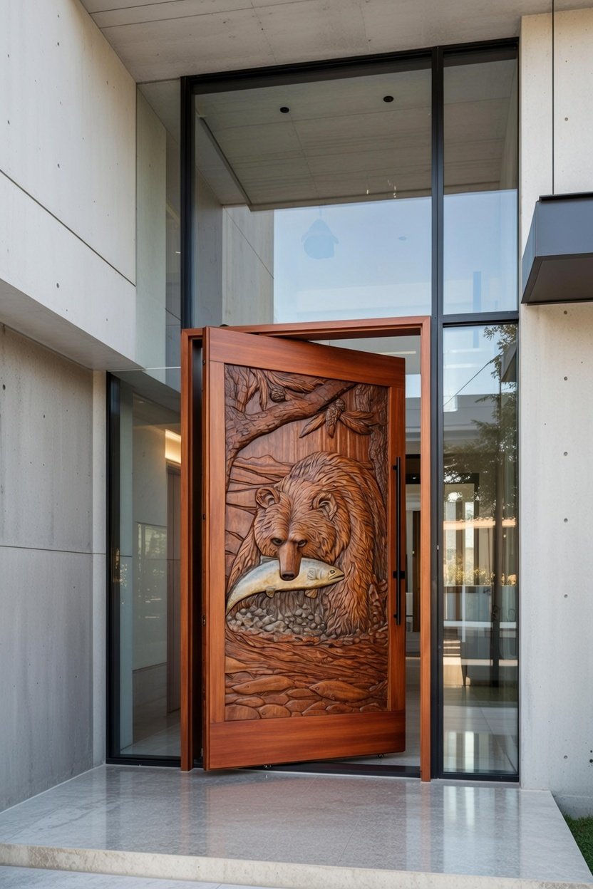Grizzly Bear Fishing Pivot Door For A Modern Building