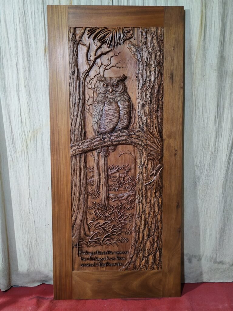 Custom Horned Owl & Scripture Carved Door