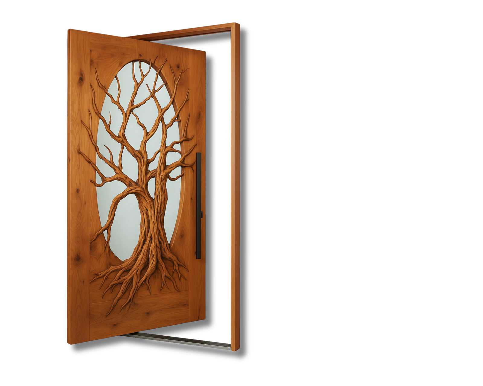 A modern solid wood pivot entry door with a natural, light honey-brown finish with a tree carved in the middle