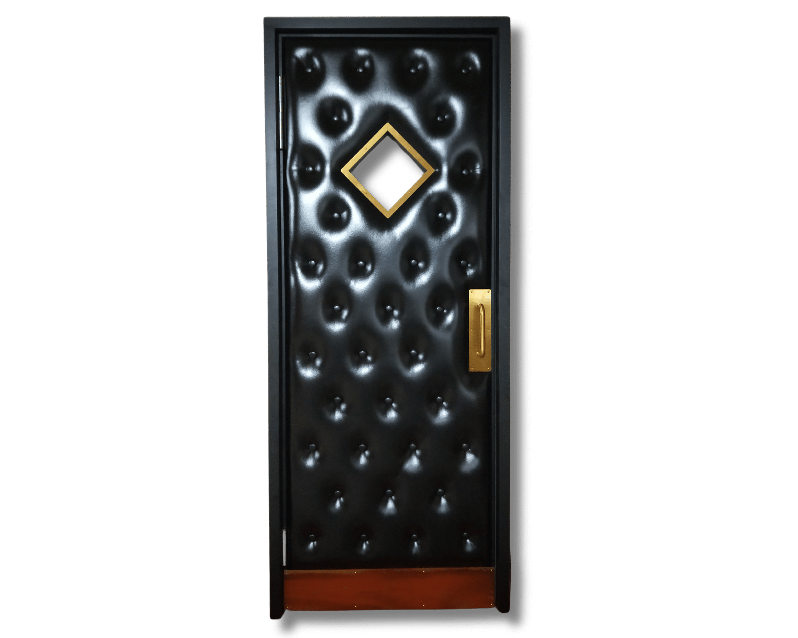 Luxury tufted black vinyl home theater door with diamond brass window and matching brass handle
