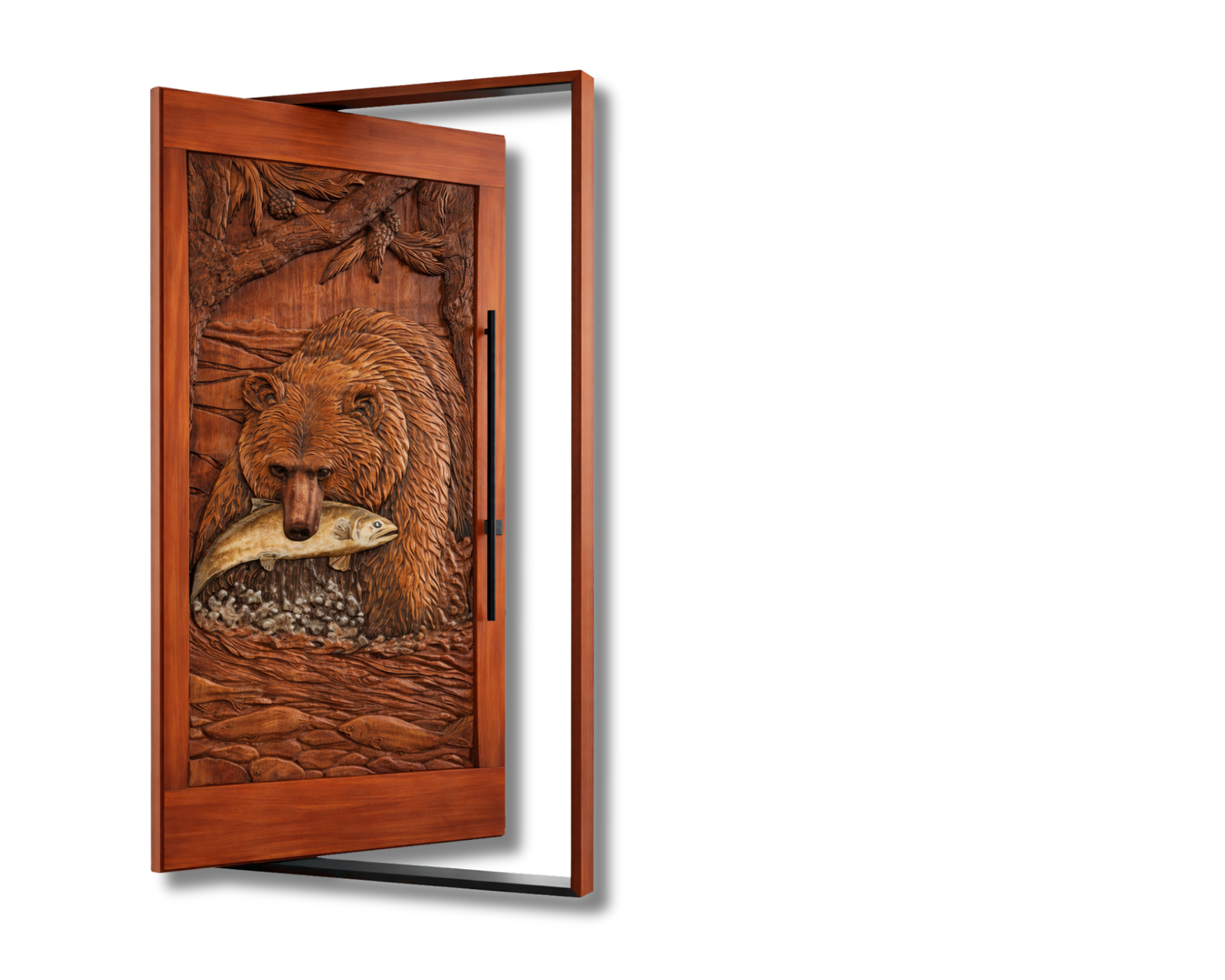 An oversized modern wood pivot door with a detailed relief carving of a grizzly bear fishing For Rustic House