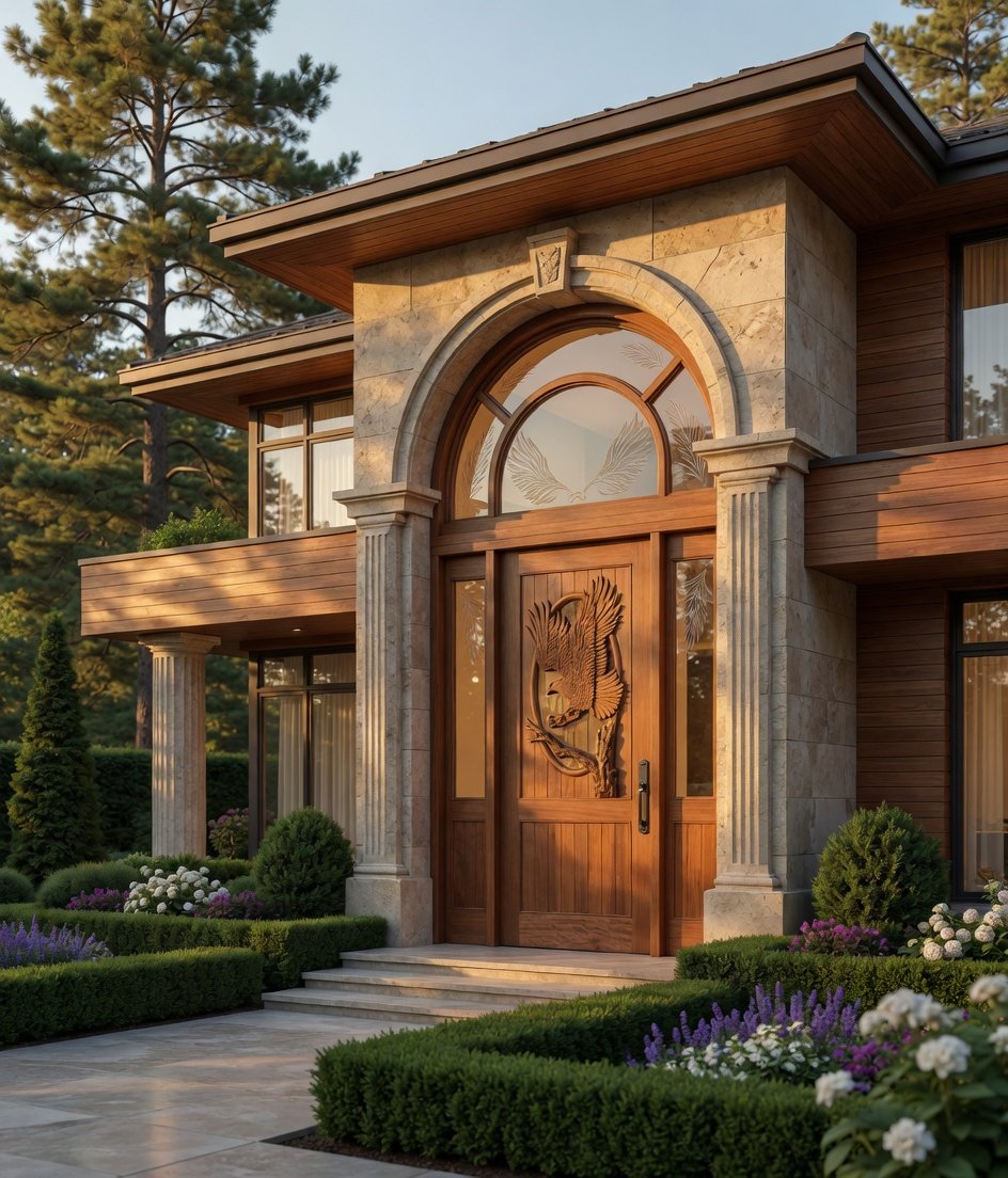 A grand entrance to a luxury modern estate featuring a bespoke, handcrafted solid wood pivot front door. The centerpiece of the rich hardwood door is an intricate, hand-carved relief of a bald eagle in mid-flight within an oval frame. The entry configuration includes tall glass sidelights and a massive, semi-circular arched transom window adorned with elegant frosted glass wing motifs. The entire entryway is framed by towering stone columns, a monumental classical arch, and perfectly manicured formal gardens filled with hydrangeas and lavender.