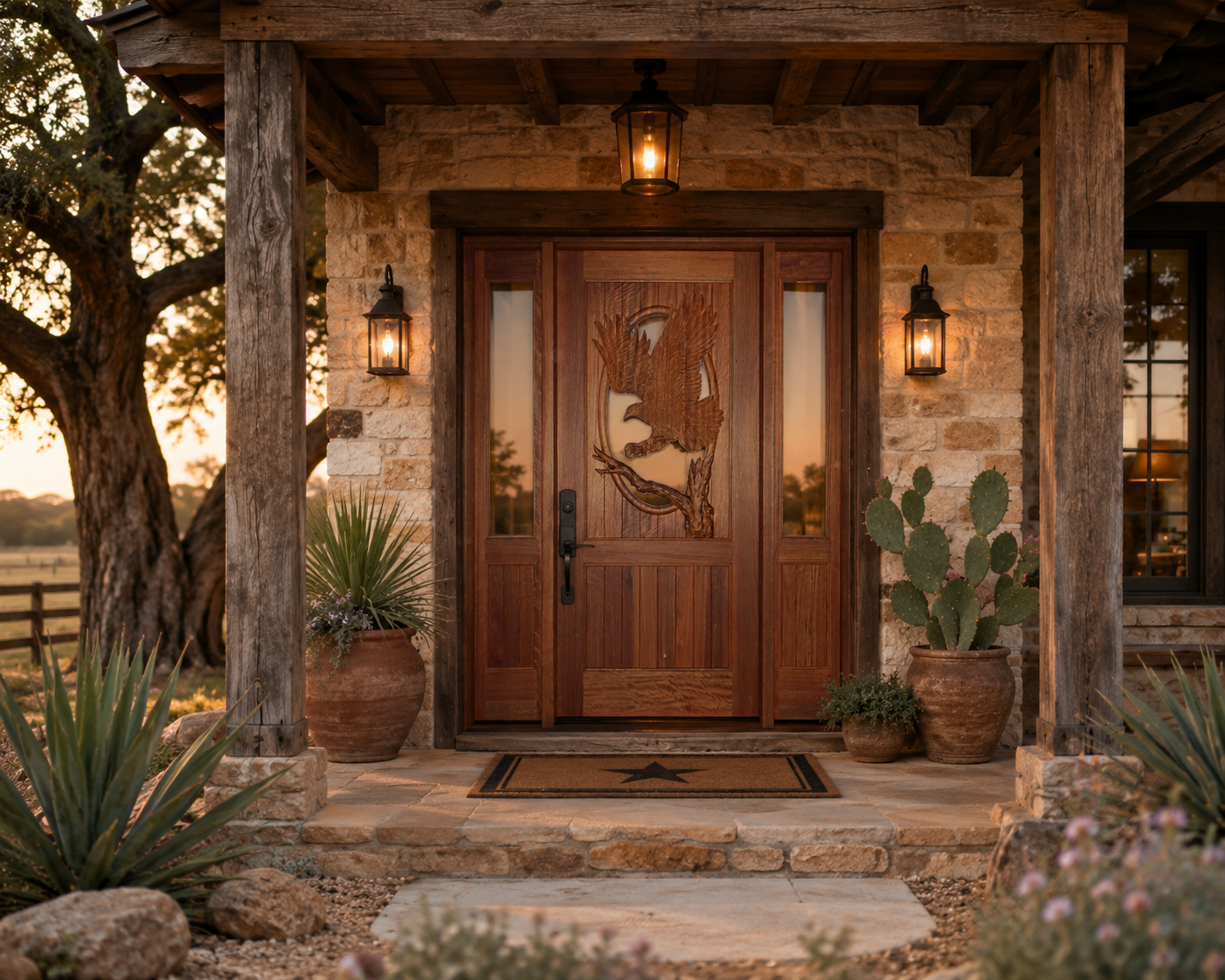 Premium handcrafted solid wood front door with a detailed hand-carved bald eagle wildlife relief scene