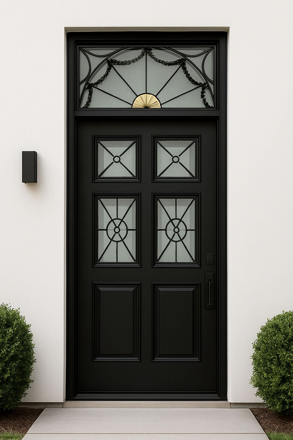 Bulletproof black security door with glass panels and decorative transom