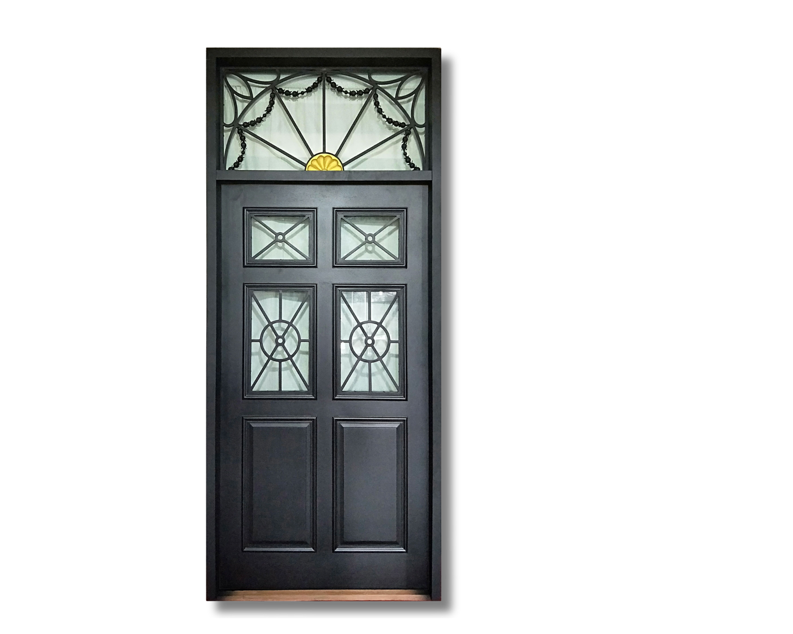 Bulletproof black security door with glass panels and decorative transom