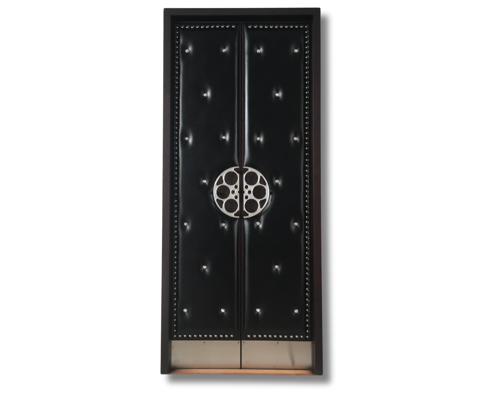 Black tufted vinyl double cinema doors with silver stud trim and a custom film reel center handle