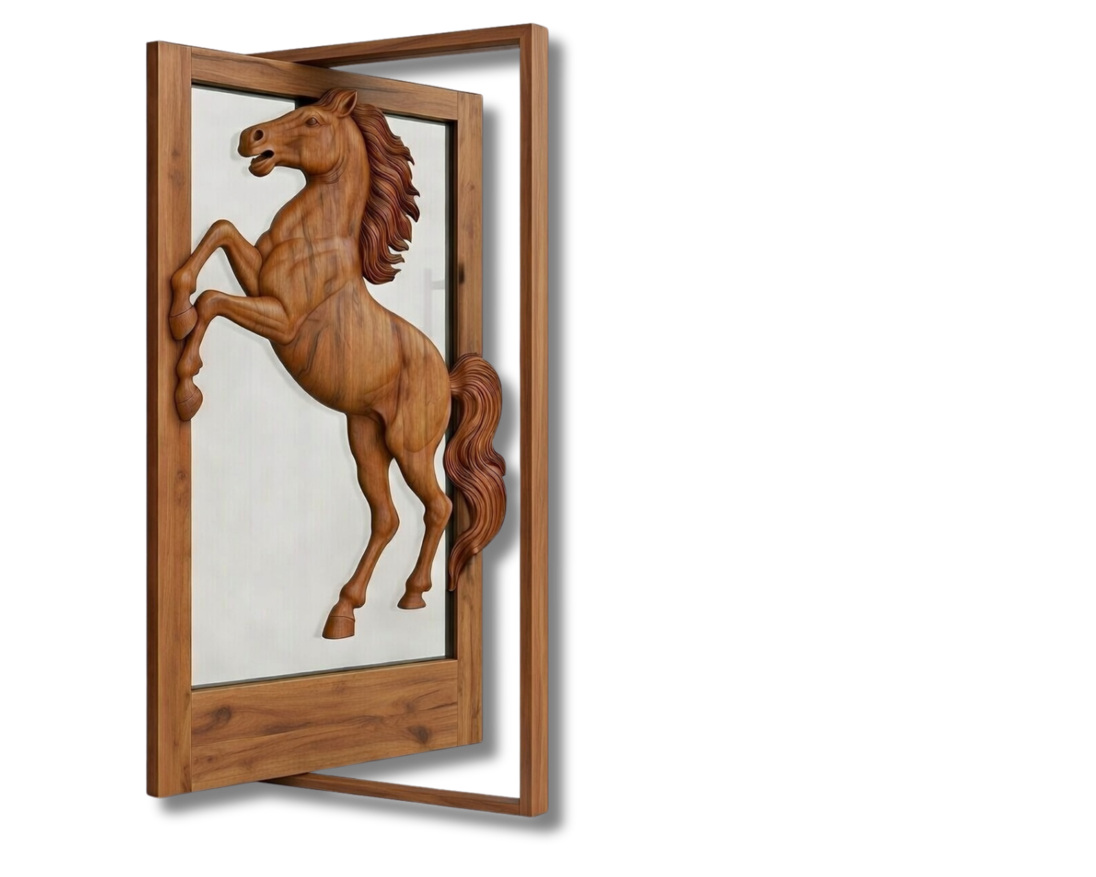 Comtenporary solid wood pivot entry door featuring a deeply carved rearing stallion sculpture over a full-view glass panel