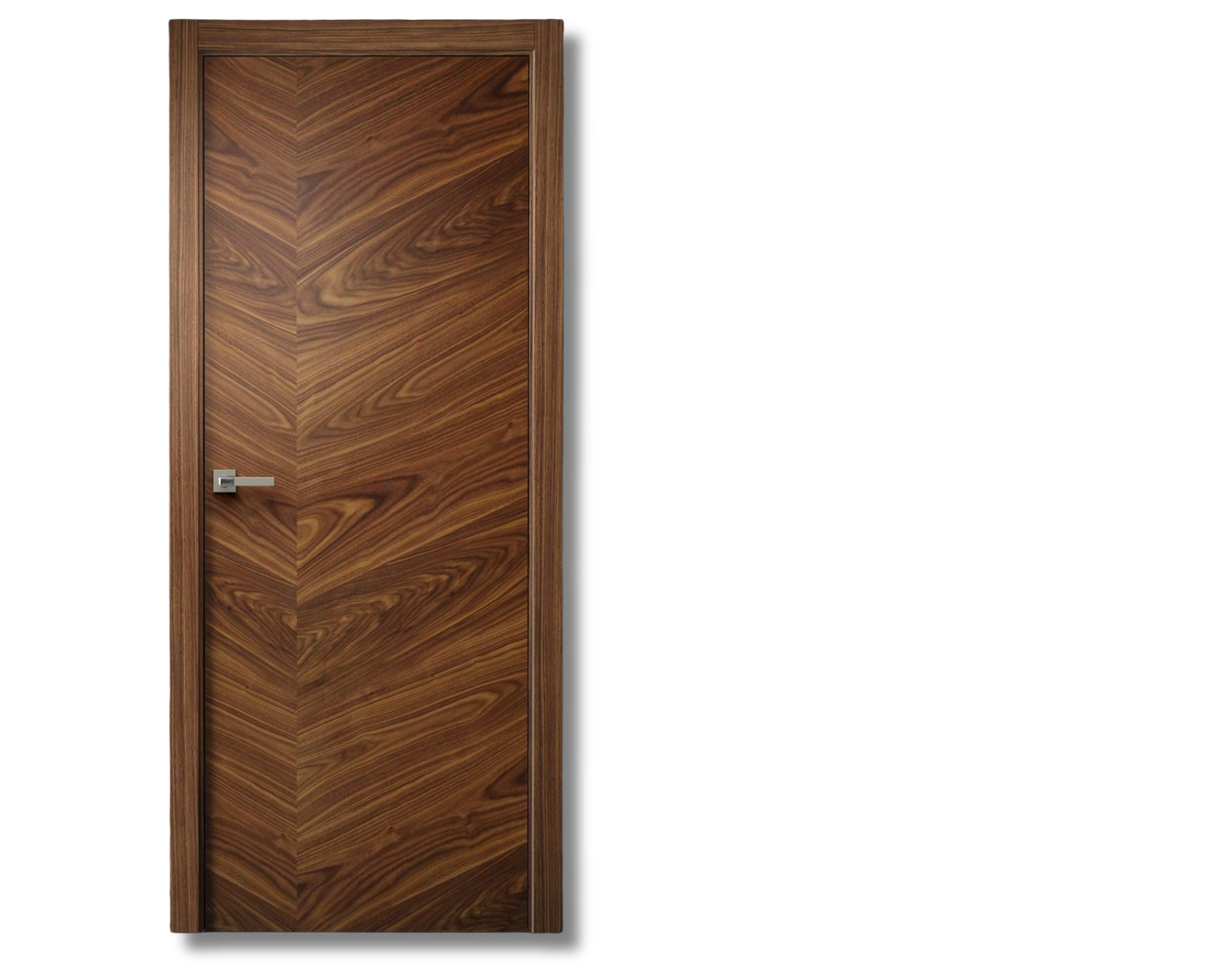Contemporary walnut wood single interior door with a dynamic chevron V-shaped grain pattern for modern home