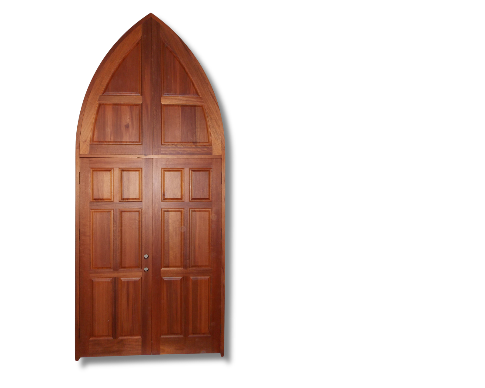 Custom Gothic arched solid wood double doors with raised panels. Handcrafted cathedral-style wooden entry doors featuring a pointed arch transom