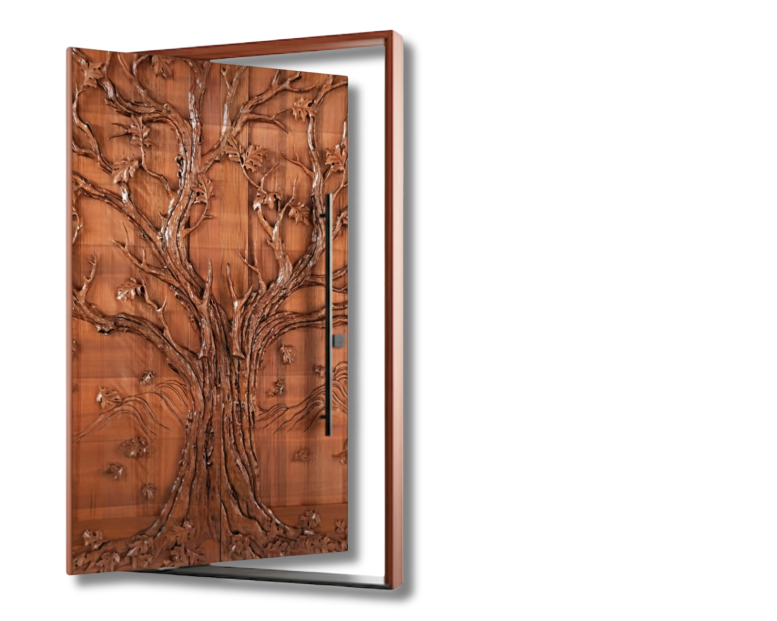 Custom hand-carved Tree of Life solid wood pivot door featuring a deeply carved oak tree and falling leaves for a warm home