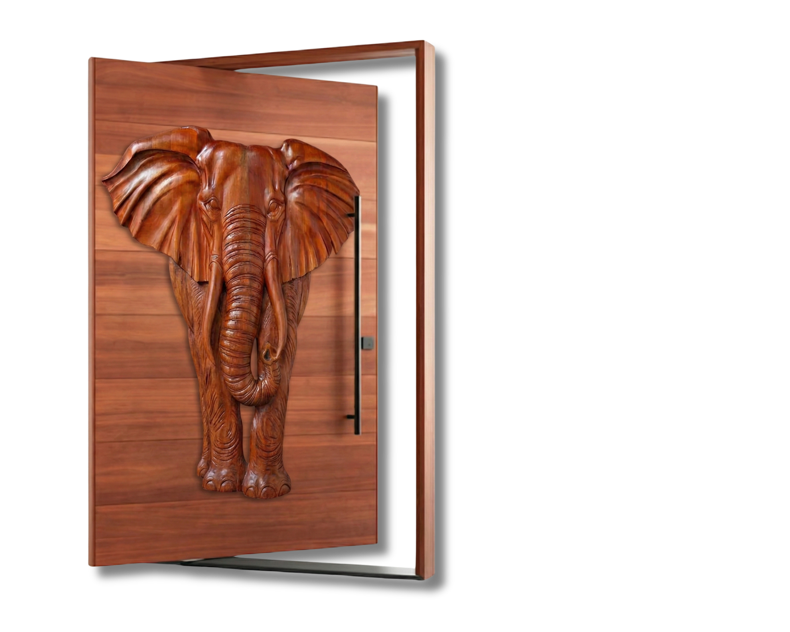 Custom hand-carved elephant solid wood pivot entry door For A Comtenporary Building