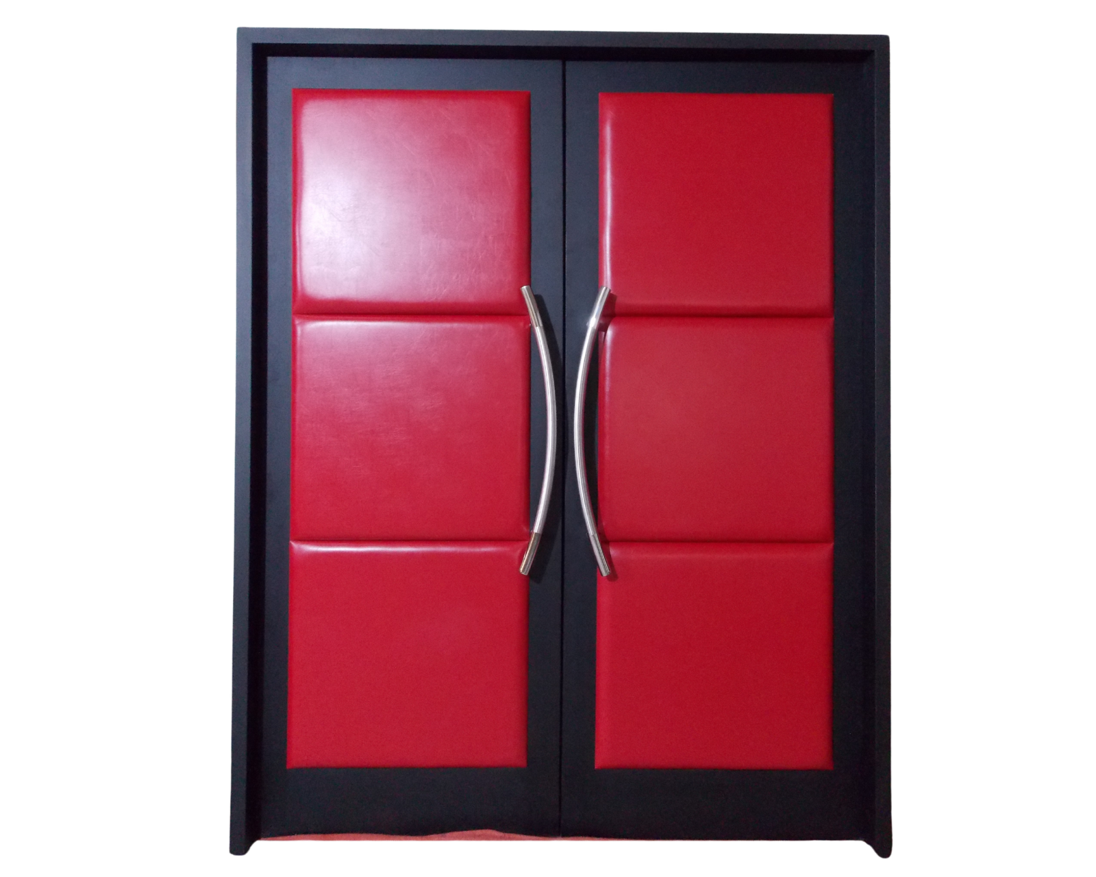 Custom acoustic double home theater doors with red faux leather upholstered panels, a minimalist black wood frame, and sleek curved metallic door handles