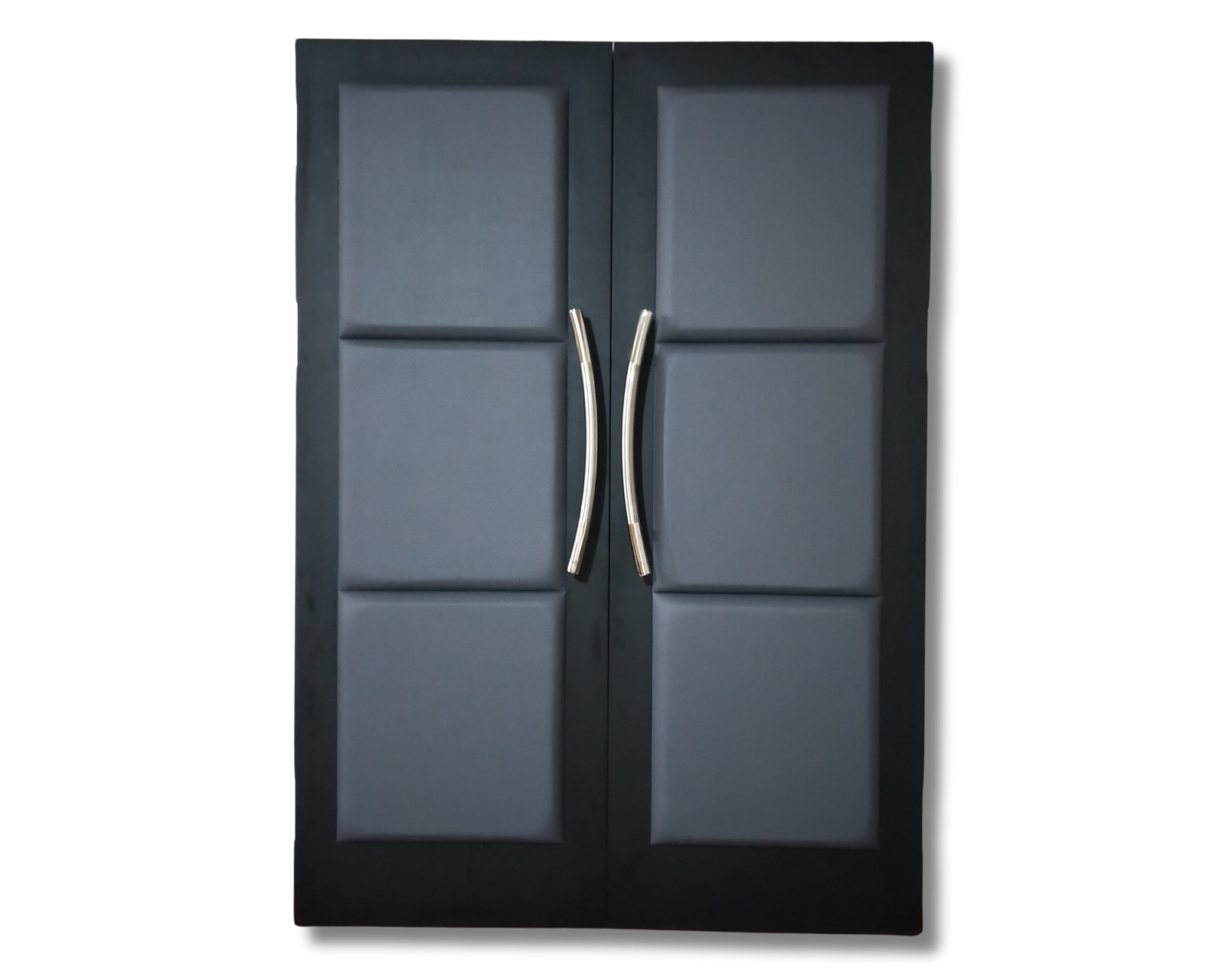 Custom acoustic double home theater doors by CROWNCUSTOMDOORS, featuring grey padded panels, a minimalist black frame, and sleek curved metallic door handles
