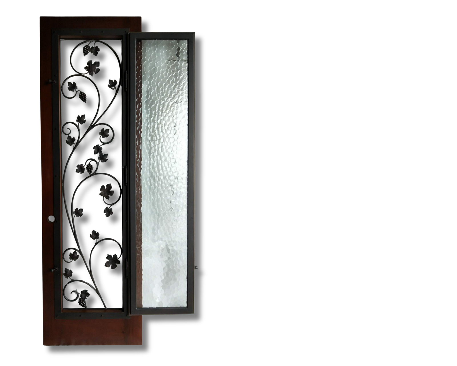 Handcrafted Wine Cellar Door featuring an intricate grapevine and leaf wrought iron design over textured hammered privacy glass