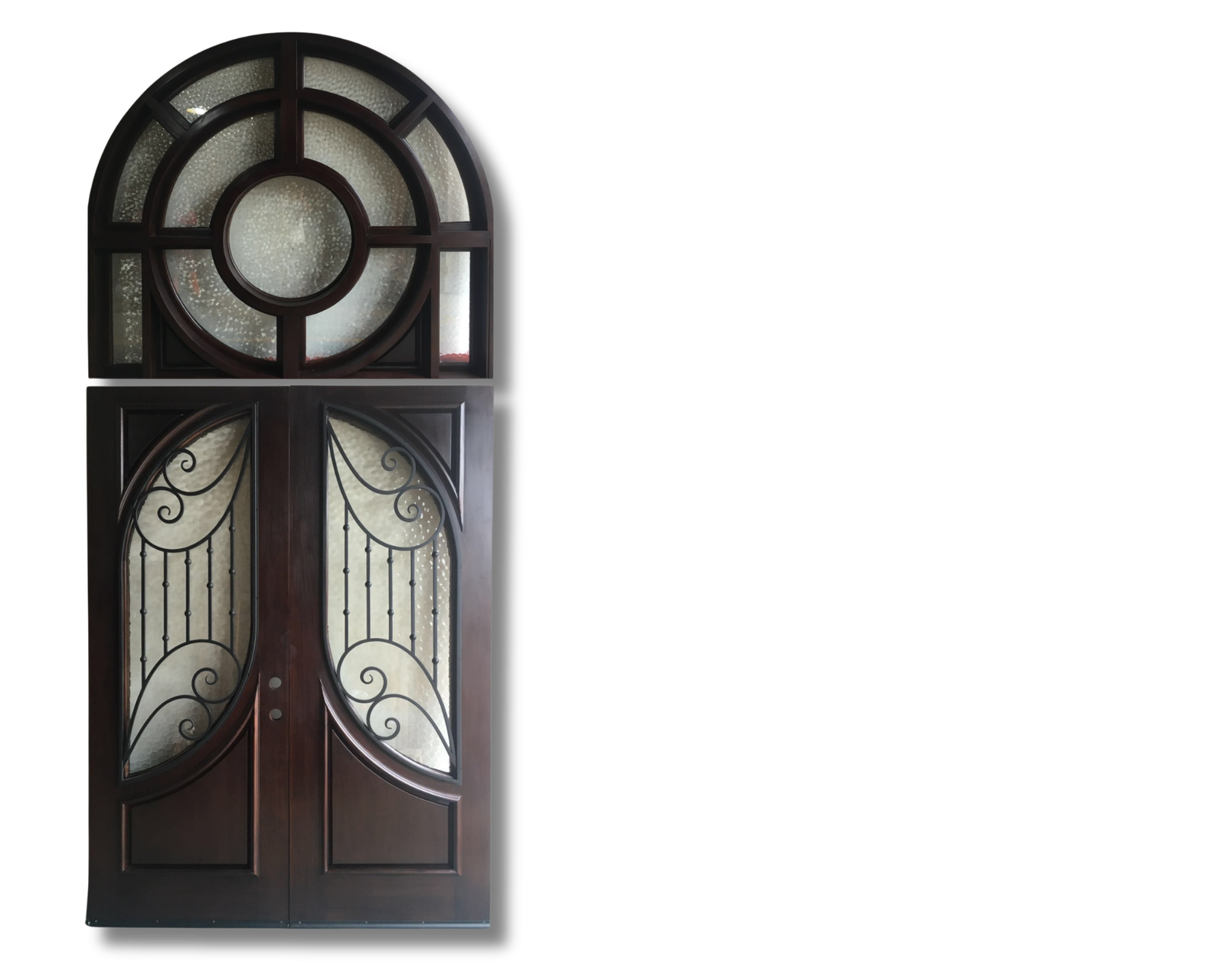 Handcrafted luxury mahogany front doors featuring textured privacy glass, elegant wrought iron scrollwork grilles