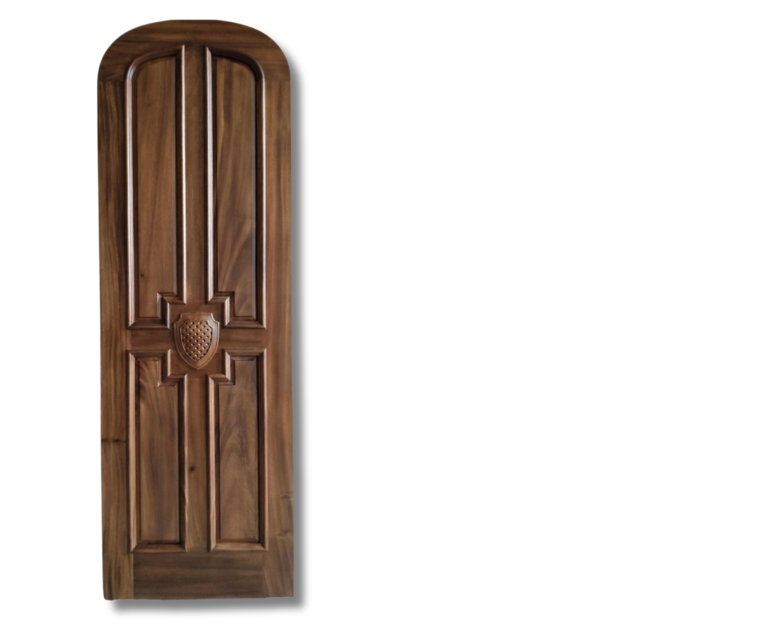 Handcrafted solid walnut wood single door with elegant vertical raised panels, geometric stepped molding