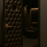 Custom dark brown button-tufted leather single door featuring a large round brass porthole window, elegant brass pull handle, and gold base trim.