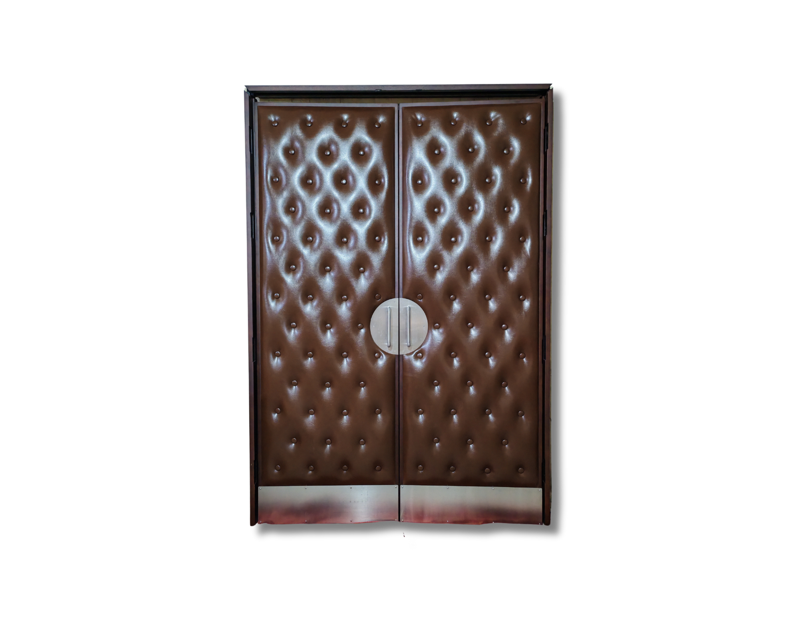 Lori Keaton Theater entrance - Elegant deep brown tufted leather double doors with classic diamond quilting pattern, featuring a prominent silver circular pause button handle, luxurious vintage cinema style