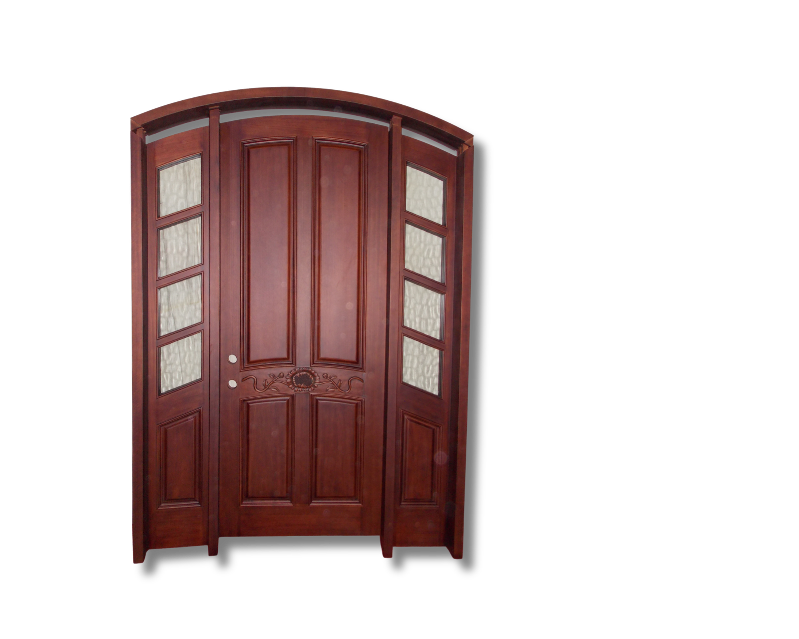 Luxurious traditional arched wooden double door in rich mahogany finish, featuring decorative glass sidelights, carved floral centerpiece, and classic panel design