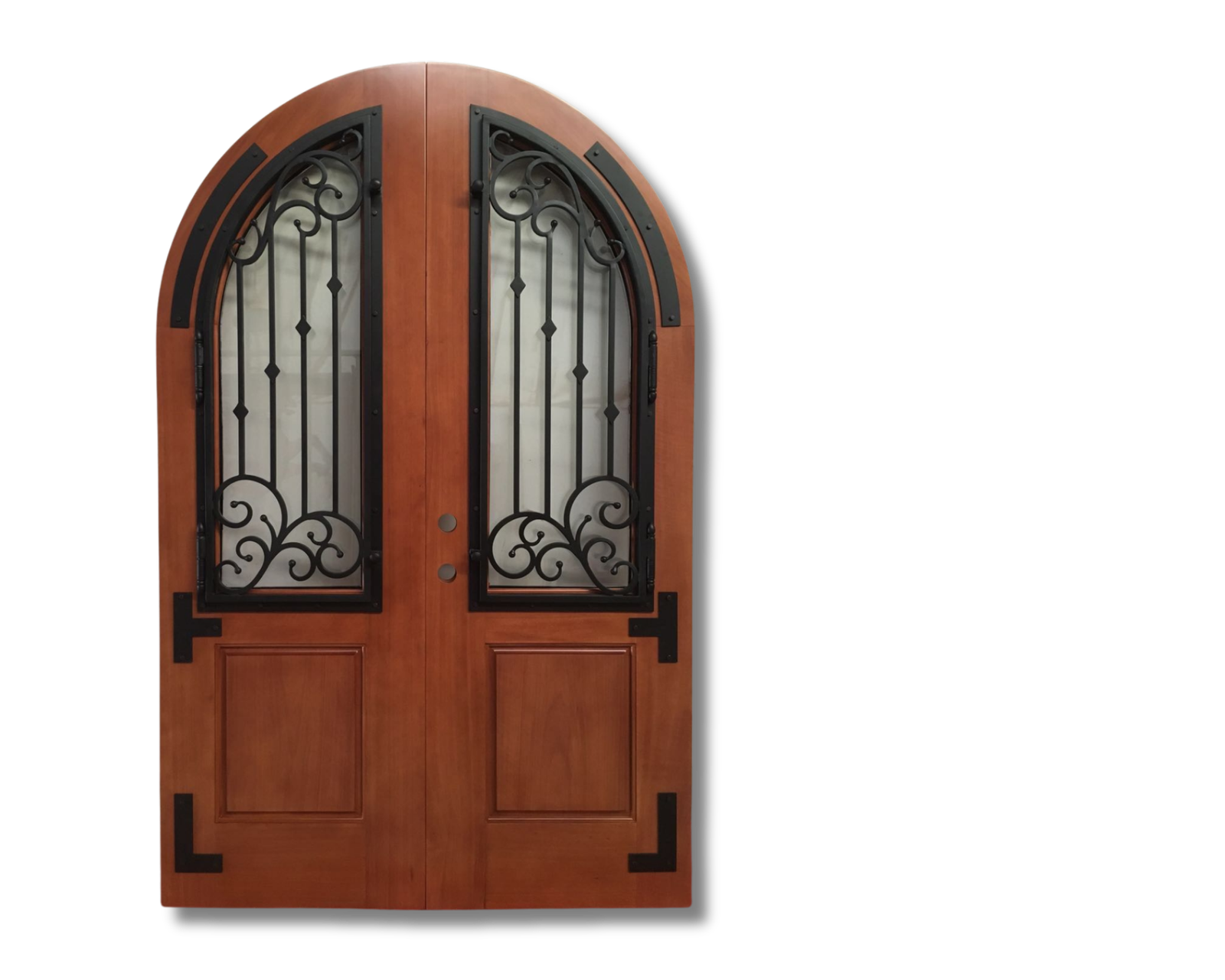 Luxury arched solid wood double front doors with wrought iron grilles and frosted glass inserts