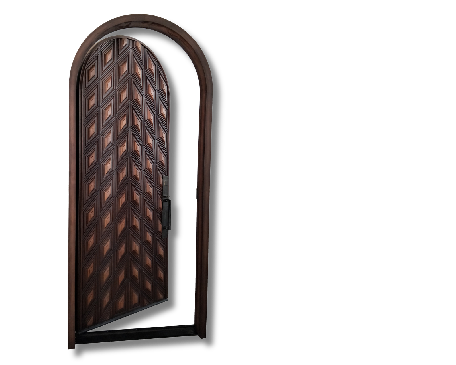 Luxury arched solid wood entry door with a hand-carved geometric diamond chevron pattern