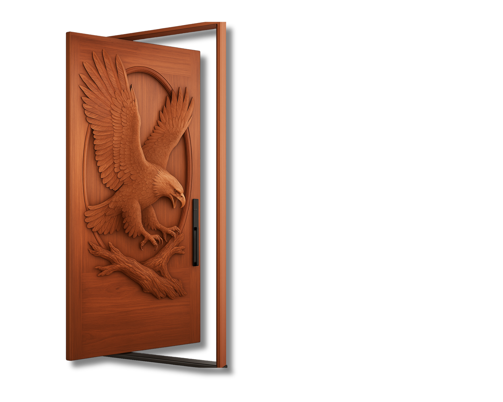 Luxury oversized timber front Pivot door featuring a deeply carved bald eagle sculpture For a modern home