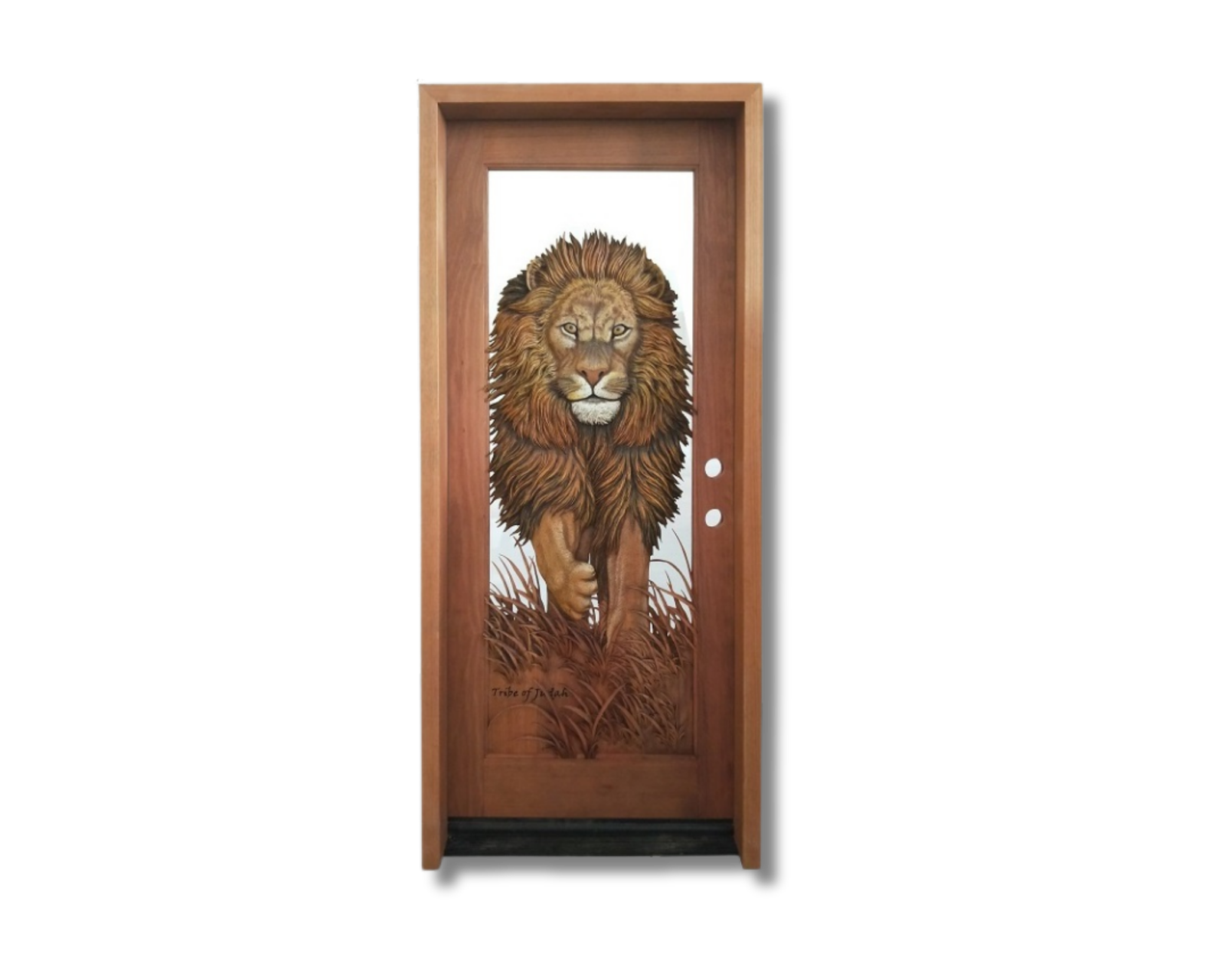 Majestic Lion Wood & Glass Entryway To A Modern Building