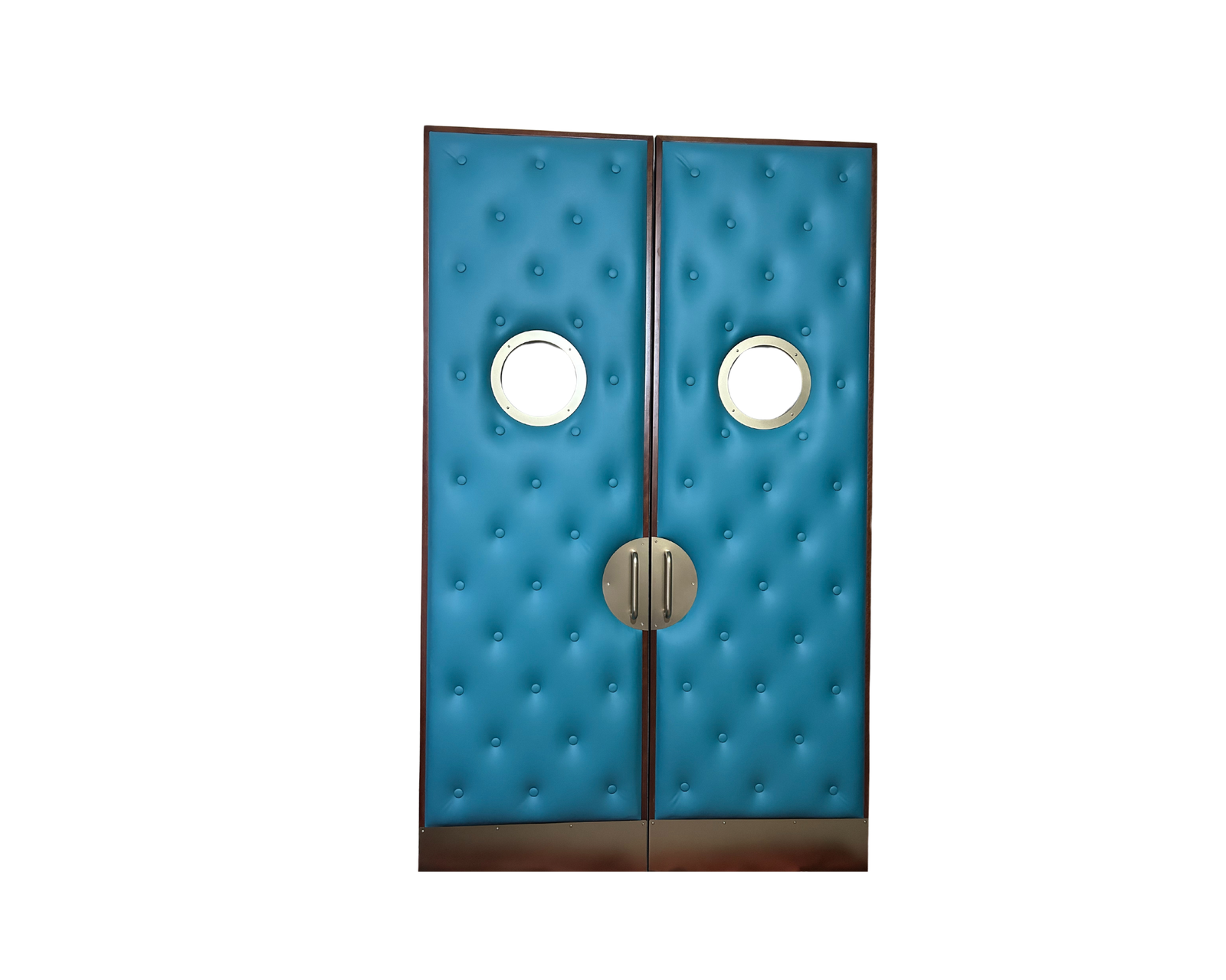 Luxurious bright blue tufted leather double doors for Michael Mueller Theater. The doors have a fun face-like design with two round silver-rimmed porthole windows and a circular metallic handle with vertical grips at the center, set against a dark background