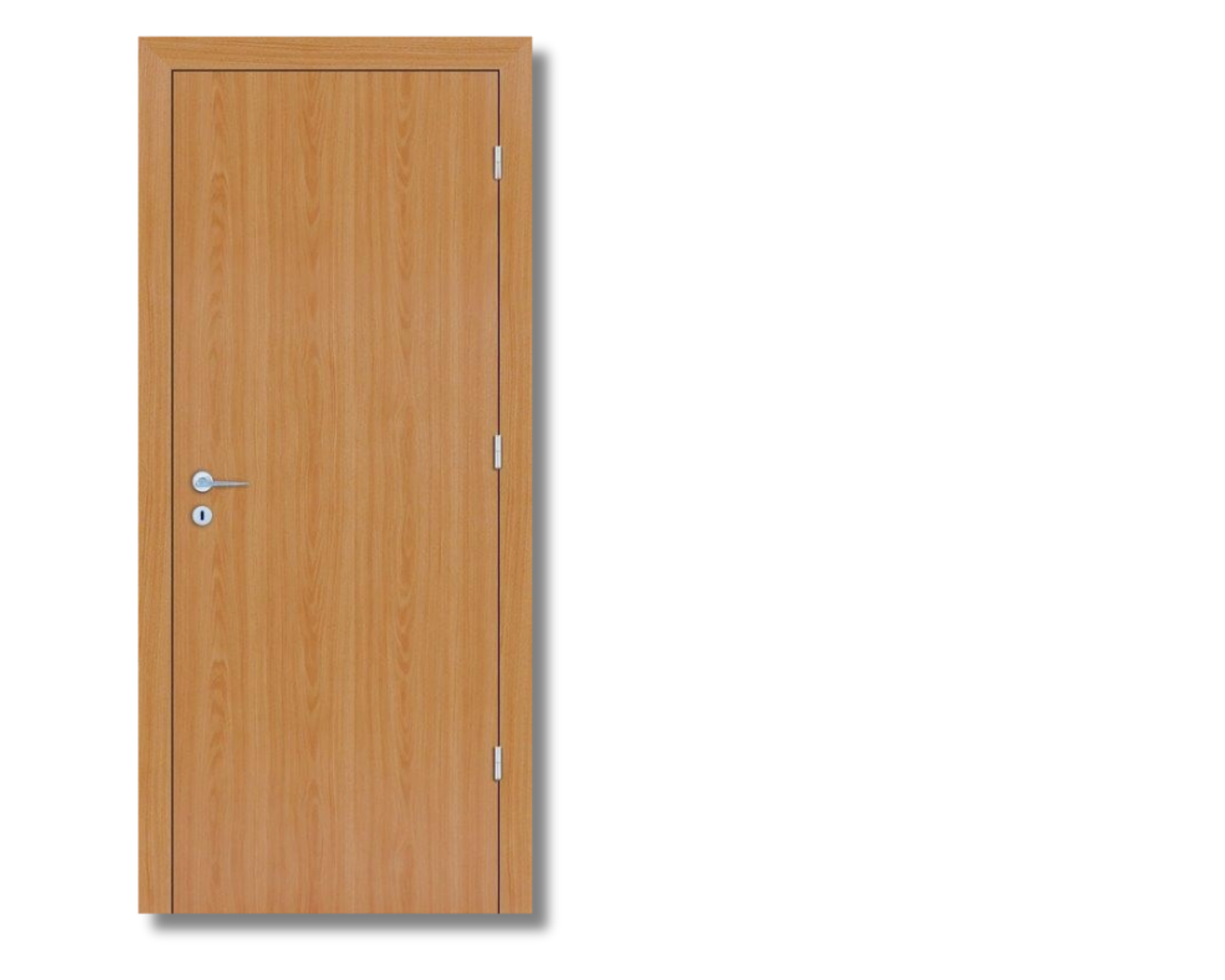 Modern hollow core flush wood door for home interior use, featuring light honey oak vertical wood grain pattern, matching door casing, and sleek stainless steel hardware handle