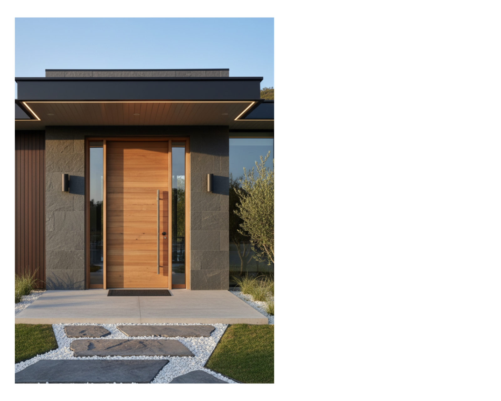 Modern solid white oak horizontal plank pivot entry door for a modern house
