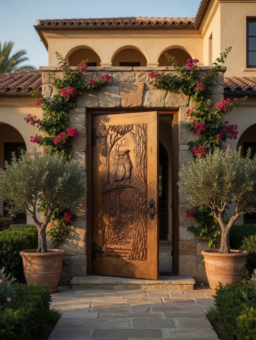 Step into timeless elegance with this breathtaking hand-carved solid wood door featuring a majestic owl perched in a detailed forest scene. Expertly crafted in our workshop, this custom door now graces the entrance of a warm Mediterranean-style villa with stone accents, terracotta tiles, and vibrant bougainvillea.The intricate 3D relief carving, rich wood tones, and meaningful Bible verse at the bottom (“Perhaps this is the moment for which you have been created. - Esther 4:14”) make it a true work of art and a powerful statement piece.Perfect for custom homes, luxury entrances, or anyone who loves nature-inspired, spiritual, and artisanal woodworking.