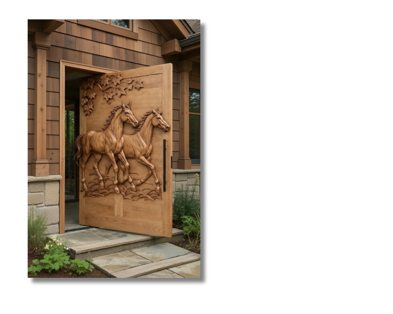 Pivot entry door with an intricate relief carving of two running horses for a Craftsman-style home