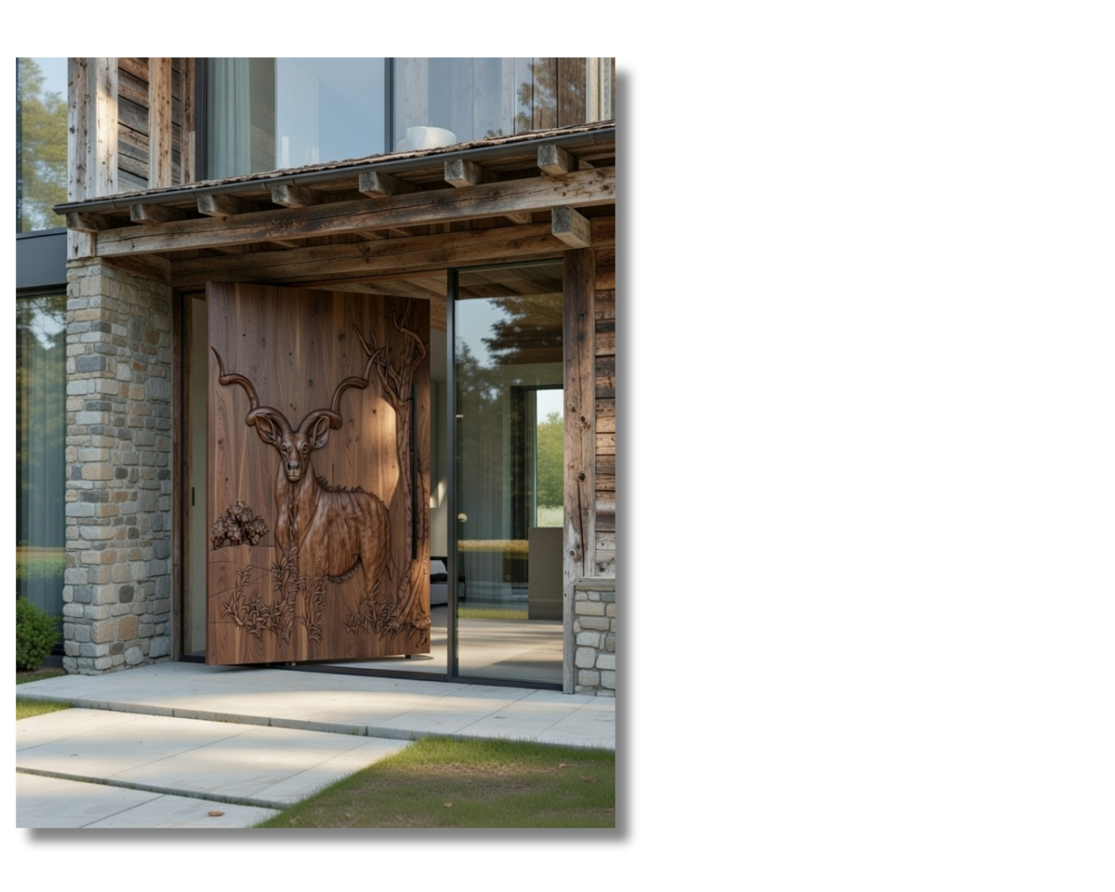 Solid black walnut pivot entry door featuring a deeply carved KUDU for a modern house