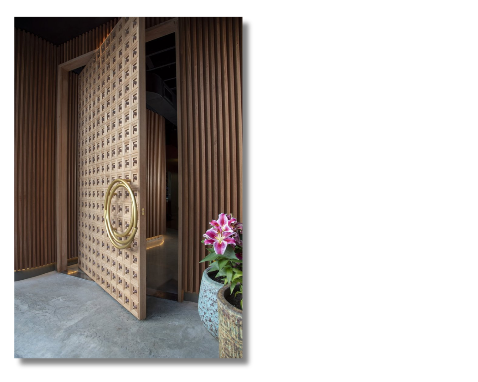 Textured waffle-pattern solid wood pivot door featuring a geometric grid design For Orosoko Sound Bar