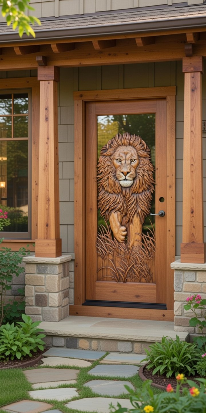A custom Craftsman-style solid wood front door featuring a detailed 3D hand-carved lion emerging from tall grass on the central panel, installed on a home porch with stone pillar bases and wooden columns.