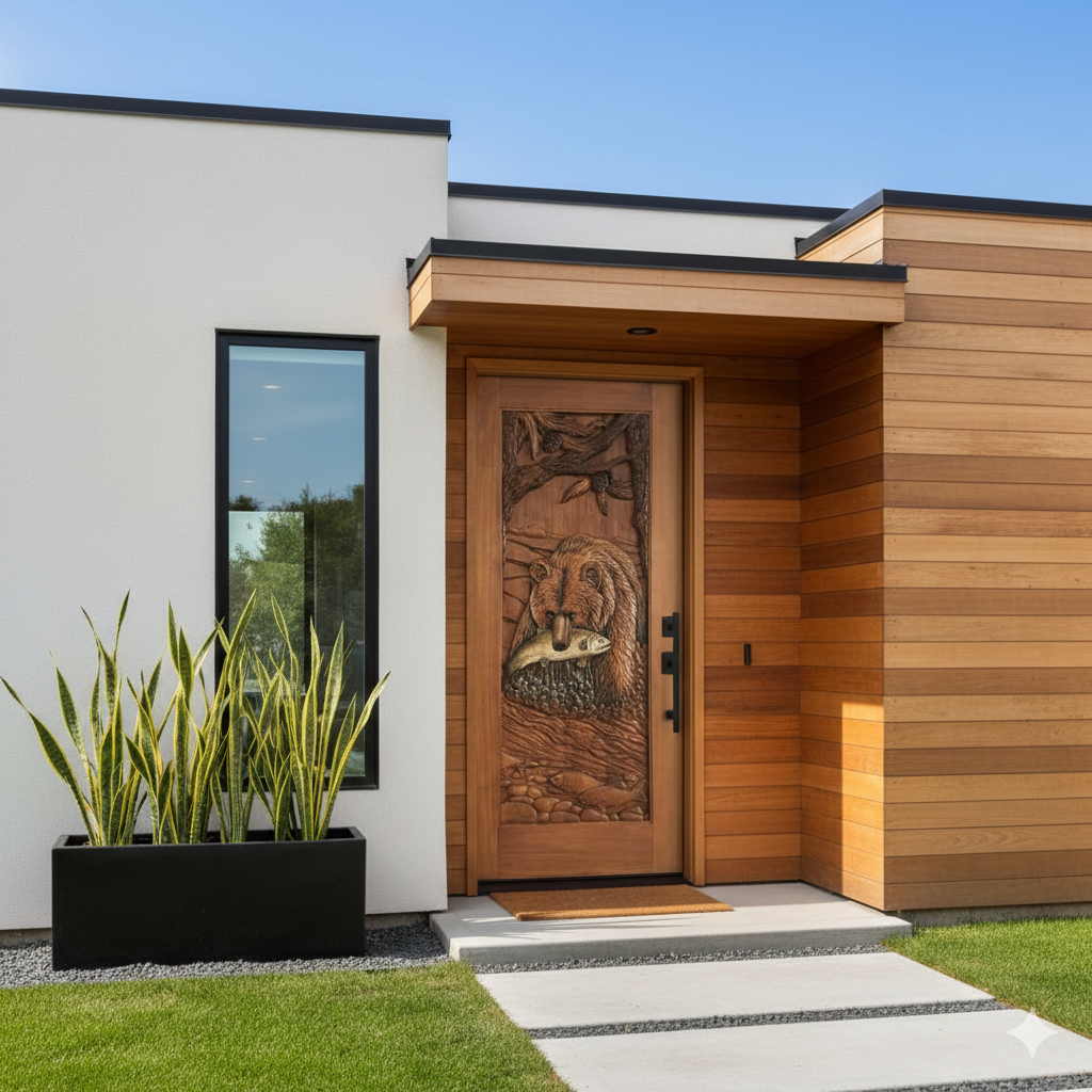 A luxury modern urban home entry featuring a custom hand-carved solid wood pivot door depicting a grizzly bear catching a salmon in a river, framed by natural wood siding and a minimalist white exterior.